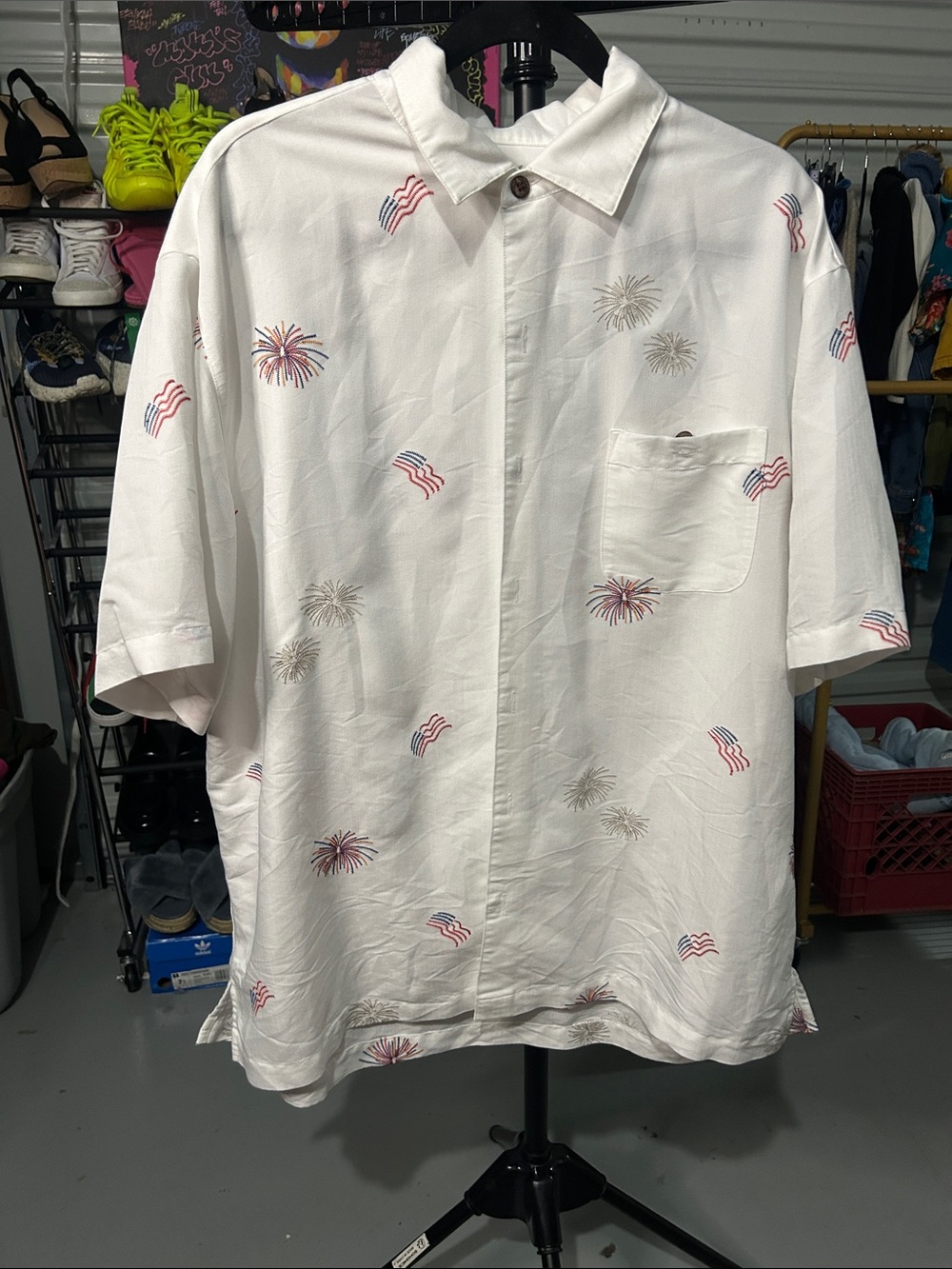 Men's White Short-Sleeve Button Shirt with Subtle Firework & Flag Motif